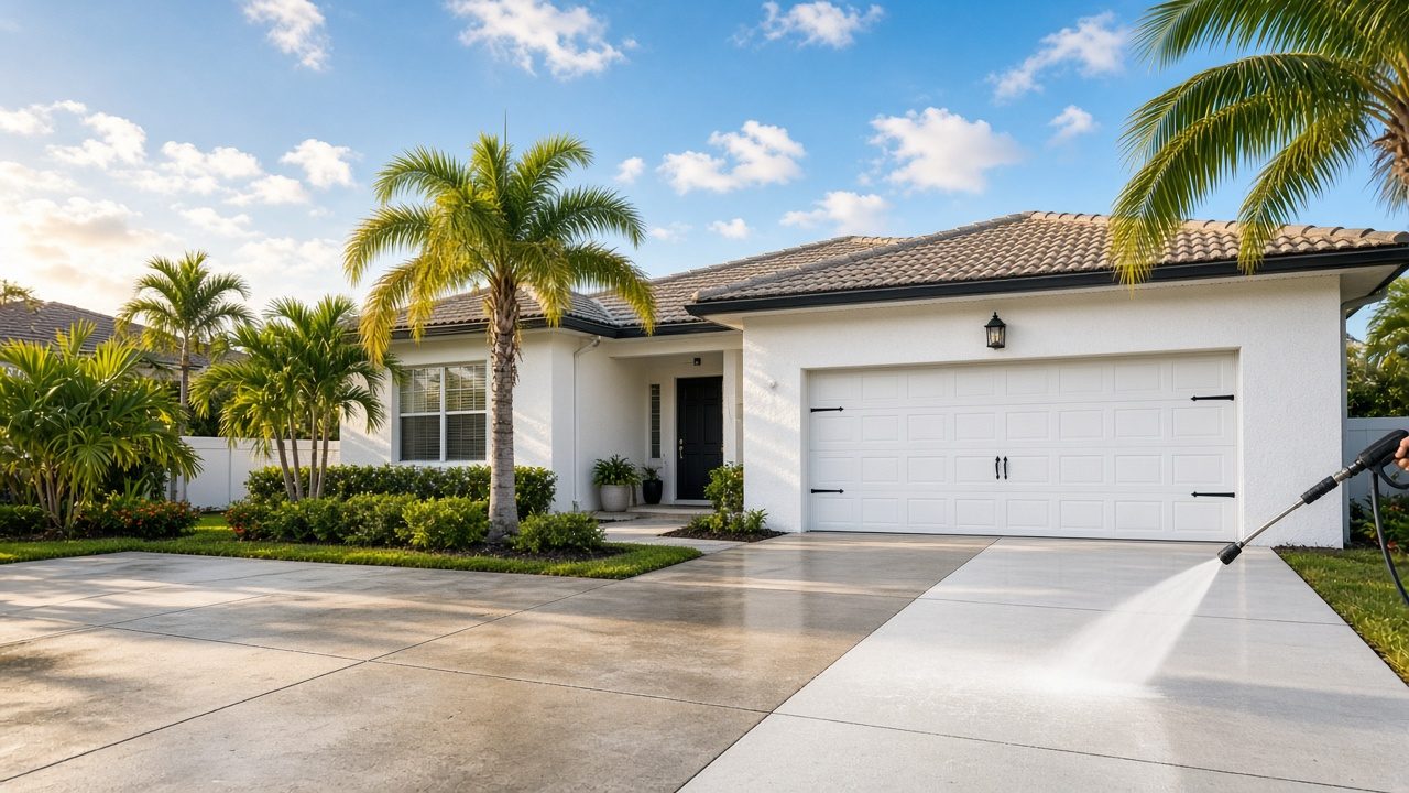 Sunny Florida ranch home with palm trees and a freshly pressure-washed driveway