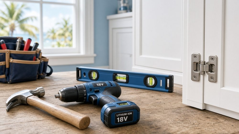 Hammer, drill, level, and tool bag next to a cabinet door