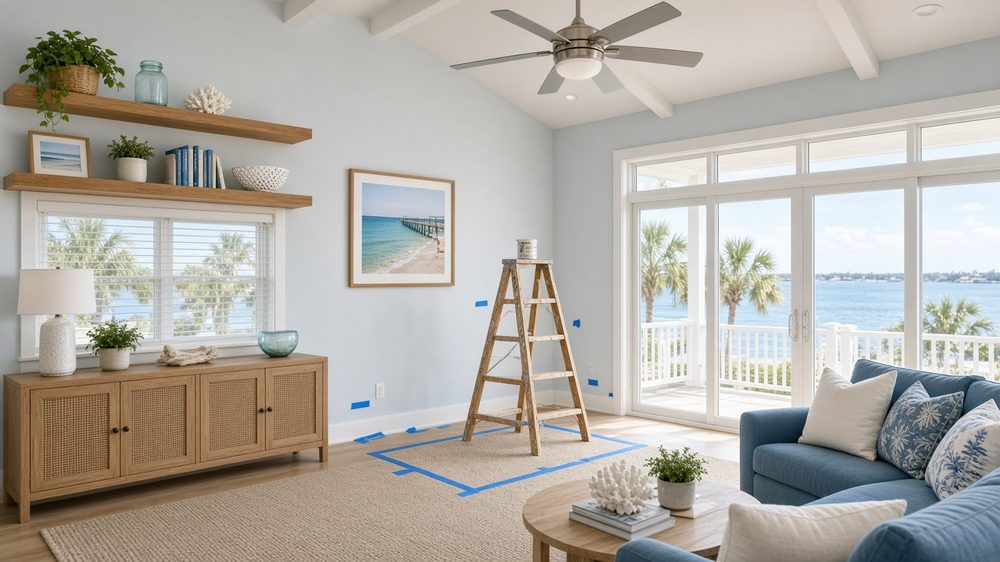Bright coastal living room with new floating shelves and a step ladder