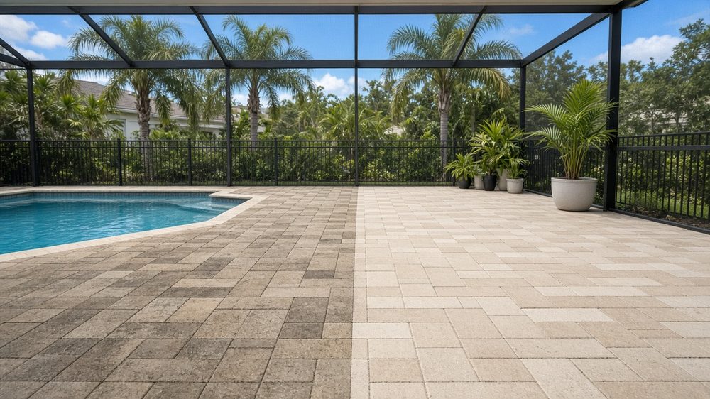 Pool deck pavers, half dirty and half freshly pressure washed